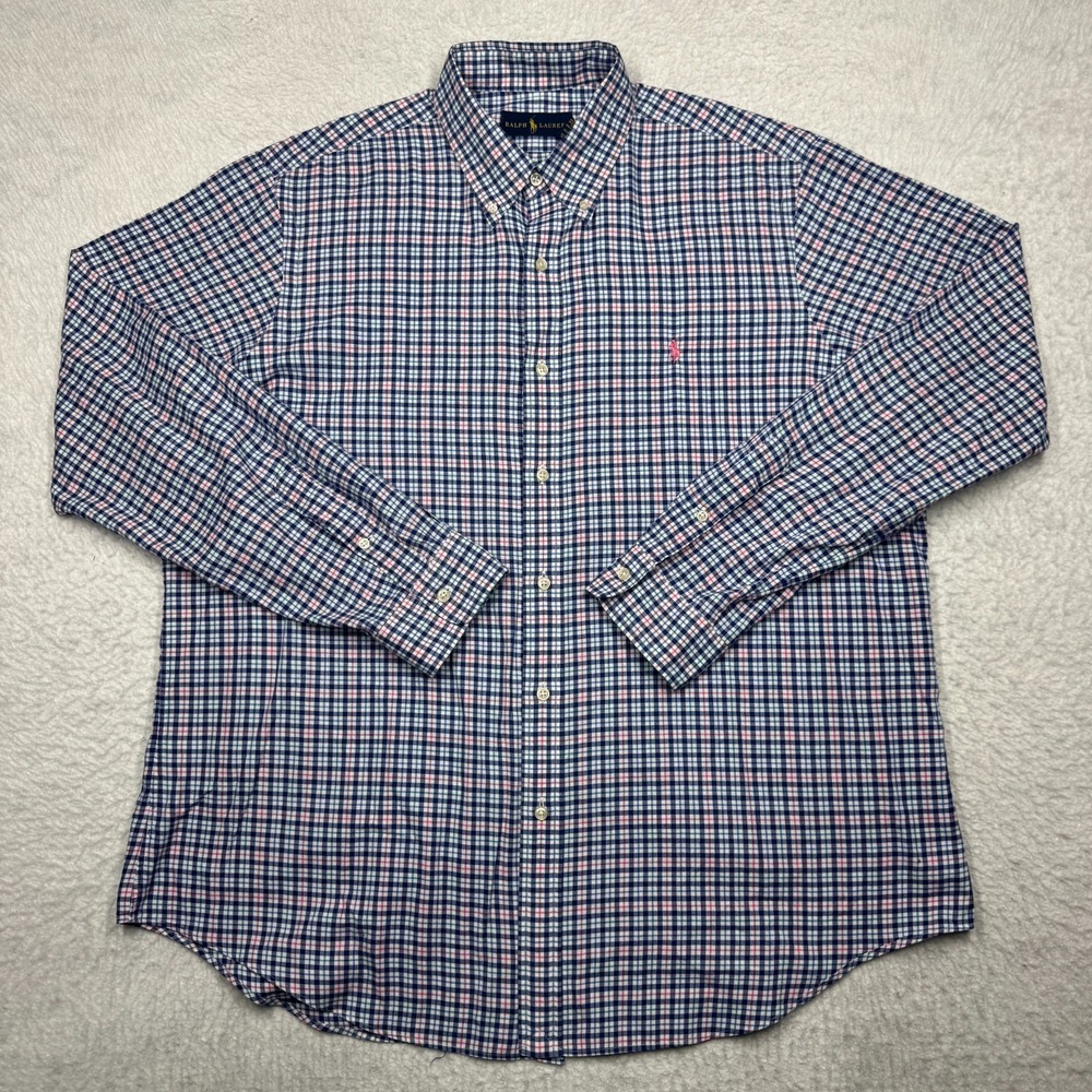 Polo Ralph Lauren Shirt Classic Fit Blue Pink Plaid Long Sleeve Men's Size XL